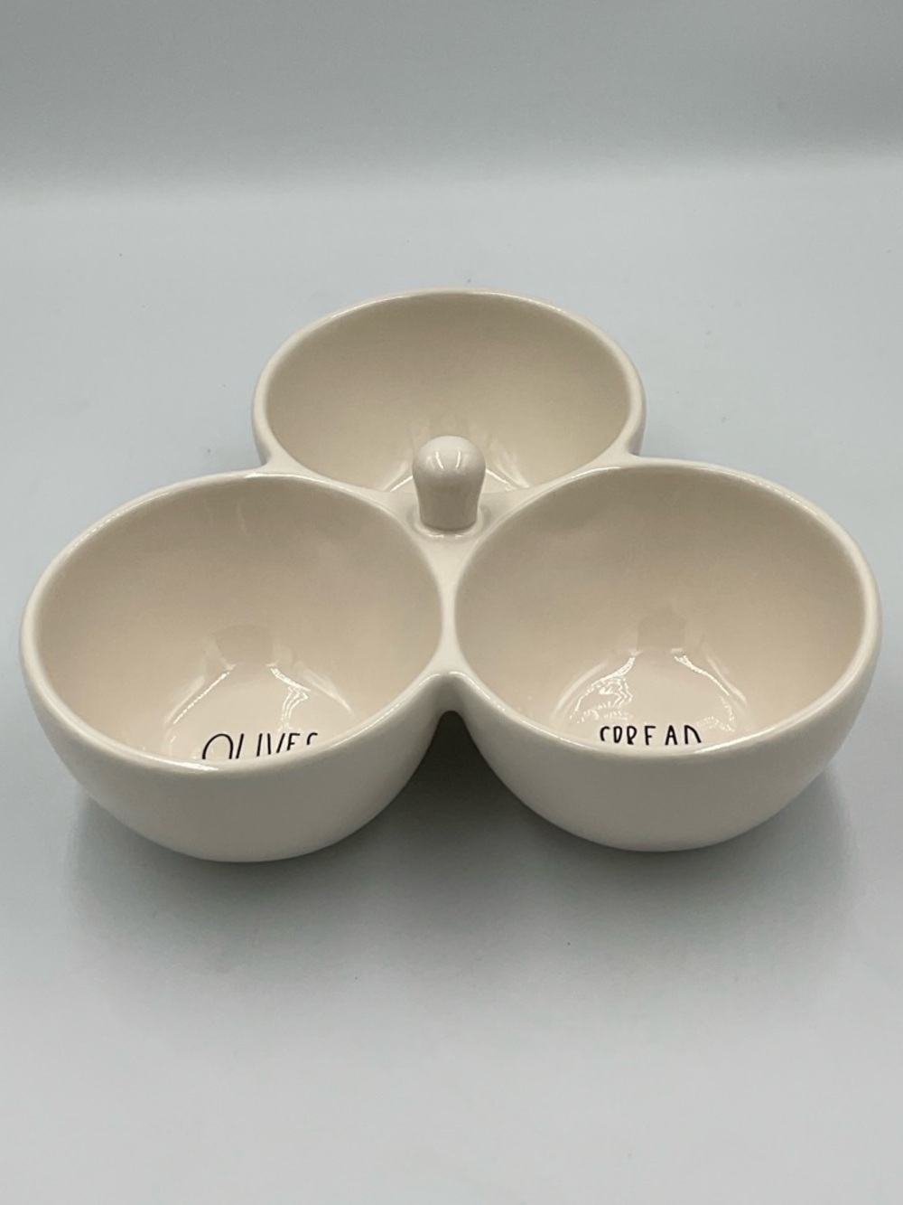 Rae Dunn NUTS OLIVES SPREAD Ceramic Tri-Section Snack Dish with Knob Handle - Picture 2 of 5